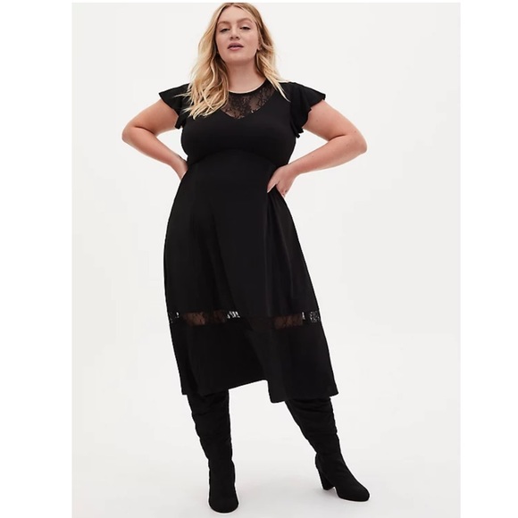 torrid Dresses & Skirts - BLACK STUDIO KNIT LACE INSET TEA LENGTH DRESS size Large